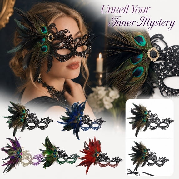 Vintage Halloween Masquerade Mask for Women with Black Lace and Peacock Feathers 9.8X6.1 Inch, Half Mask for Masquerade Party and Halloween Party Supplies for Adults, Elegant