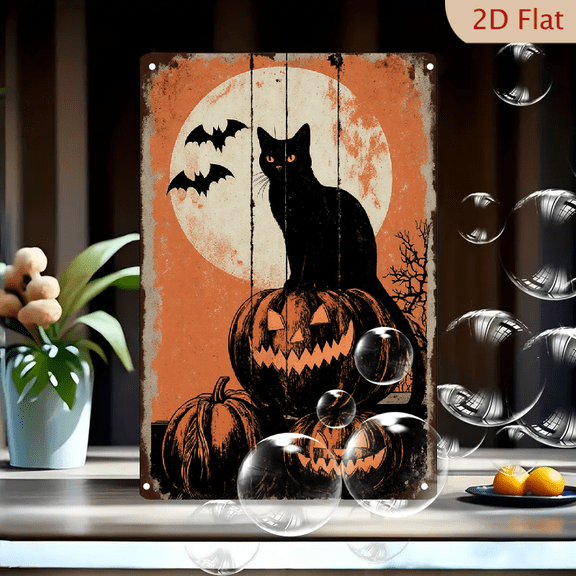Vintage Halloween Metal Wall Art, 8x12 Inch Retro Grunge Poster featuring Black Cat on Jack-o'-Lantern with Moon, Bats & Gnarl Tree, Distressed Orange Sepia Spooky Decor