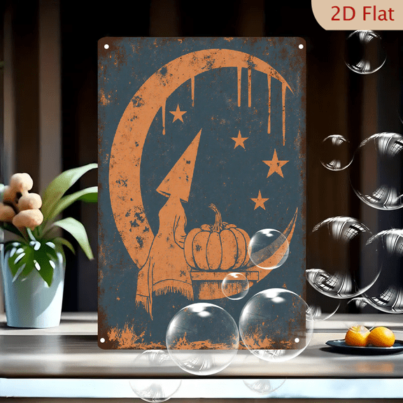 Vintage Halloween Metal Wall Art 8x12 Inches, Retro Witch Silhouette with Crescent Moon and Stars on Weathered Dark Blue Background, Spooky Autumn Decor for Home