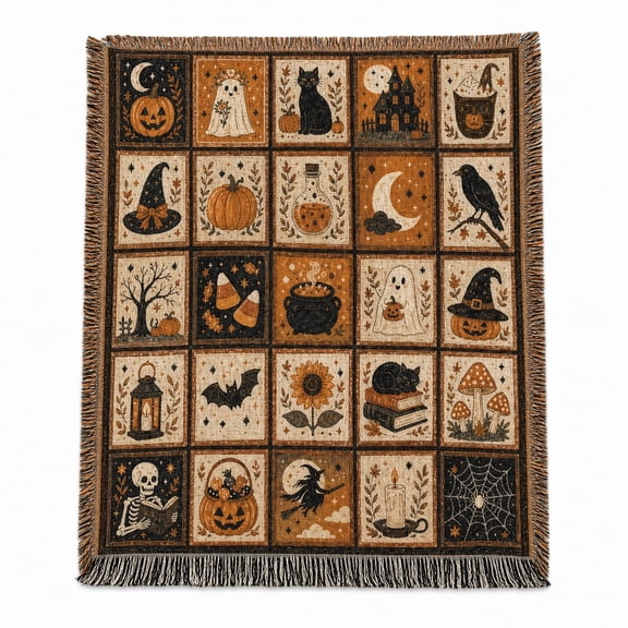 Vintage Halloween Patchwork Orange and Black Woven Throw Blanket, Woven Cotton with Fringed Edges, Gothic Seasonal Home Decor