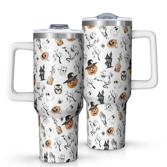 Vintage Halloween Pattern Tumbler with Handle and Lid,40oz Double Wall Vacuum Insulated Tumbler,Cups Gift for Women and Men