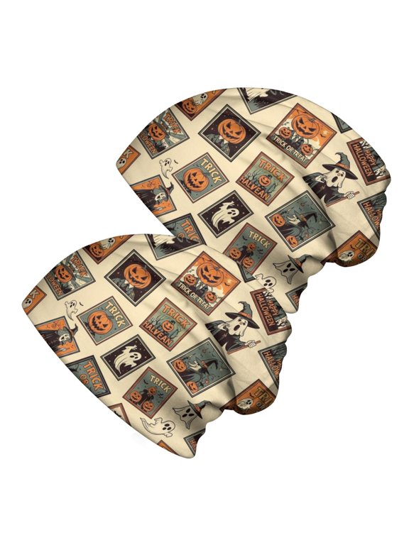 Vintage Halloween Poster Pattern 2 Pack Slouchy Beanie Hat, Outdoor Running Hat with Stretchy Fabric & Soft Texture, Stretchy Polyester Gifts for Birthday Christmas Thanksgiving