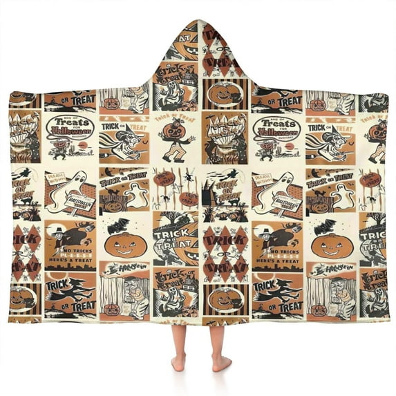 Vintage Halloween Poster Pattern Hooded Bath Towel,50"x30" for Ages 3 To 12 Kids, Quick Dry Lightweight Soft Microfiber Hood Beach Towel Cover Up for Kids