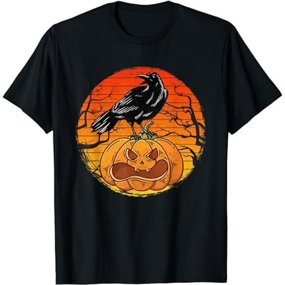 Vintage Halloween Pumpkin Black Bird Crow T- Women Men Kids T-Shirt