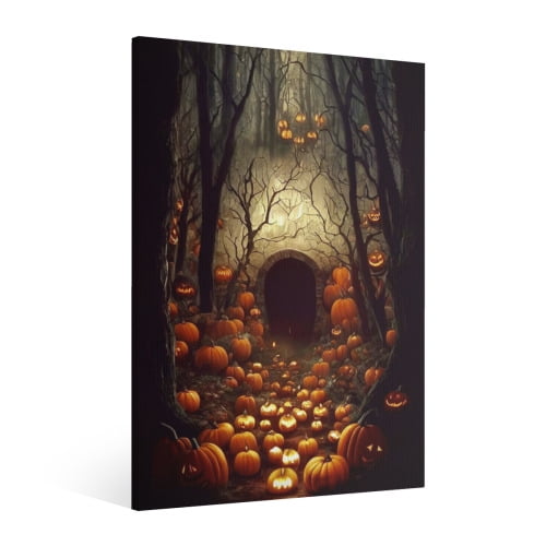 Vintage Halloween Pumpkin Canvas Wall Art Painting, Horror Creepy Dark Poster, Halloween Gothic Artwork Picture Print Decor, Spooky Ghost Wall Decor for Bar Living Room Bedroom Party Framed