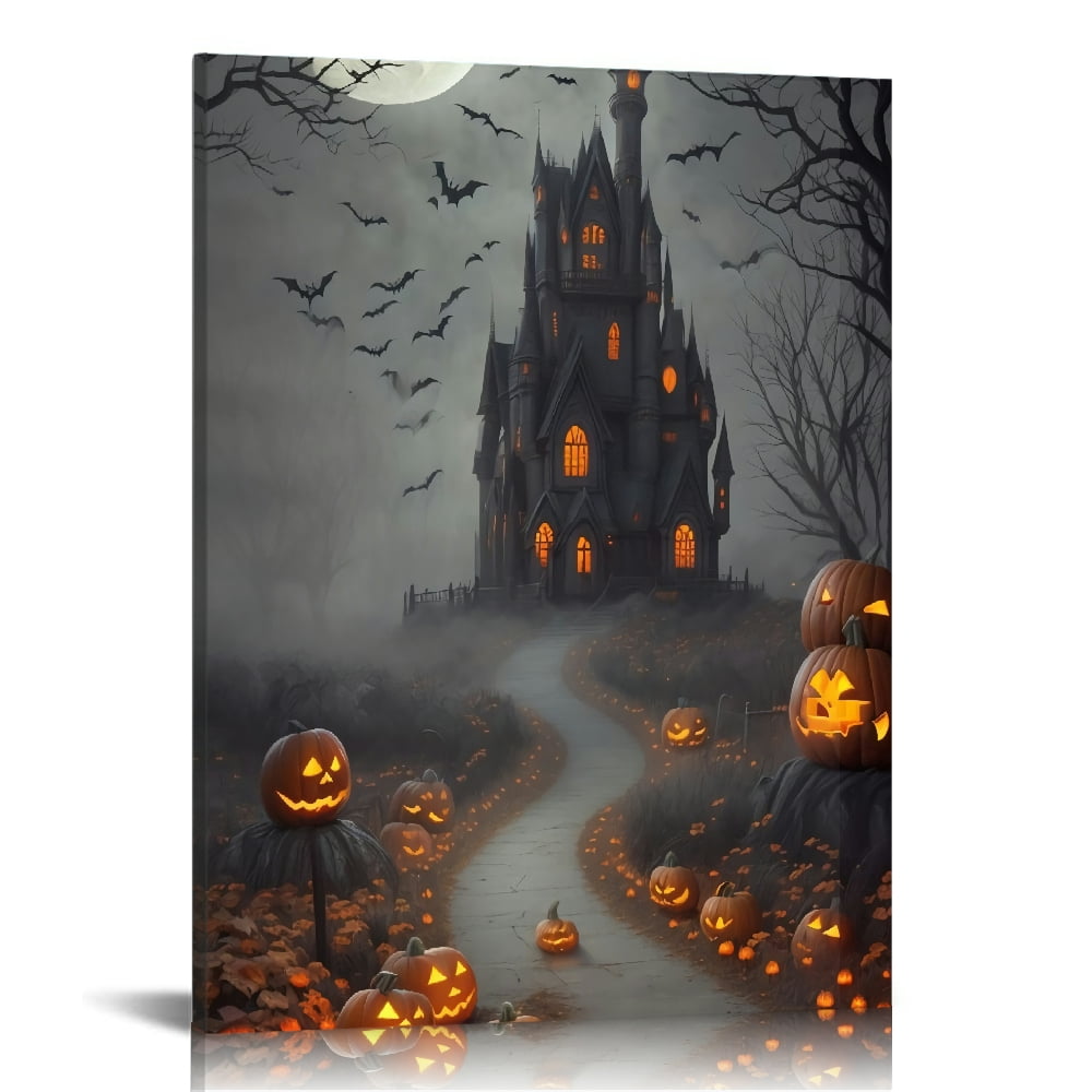 Vintage Halloween Pumpkin Castle and Bats Canvas Wall Art Painting ...