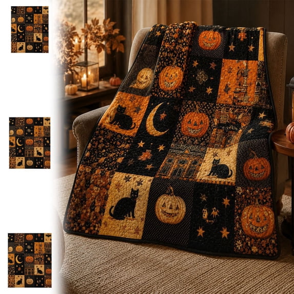 Vintage Halloween Pumpkin Flannel Quilted Throw Blanket, 60*80in, Cozy Festive Home Textile, Decorative Soft Cover, Ideal Ornament for Living Room Sofa Indoor Holiday Atmosphere Layout