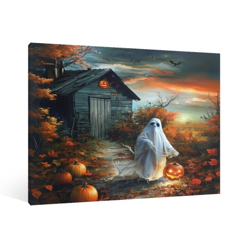 Vintage Halloween Pumpkin, Ghost Canvas Wall Art Painting ,Gothic Print Pictures for Home Wall Decor Horror Creepy Dark Posters for Living Room Bedroom Bar Home Halloween Party Decor Framed 