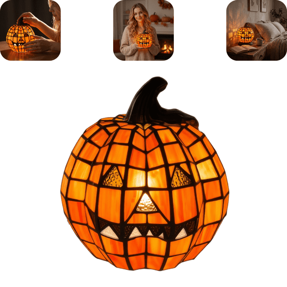 Vintage Halloween Pumpkin Lamp Decor, Classic Jack-o-Lantern Stained Glass Pumpkin Lamp, Soft Warm LED Ornament Light for Indoor Mantel Autumn Home Decor L A-1PC