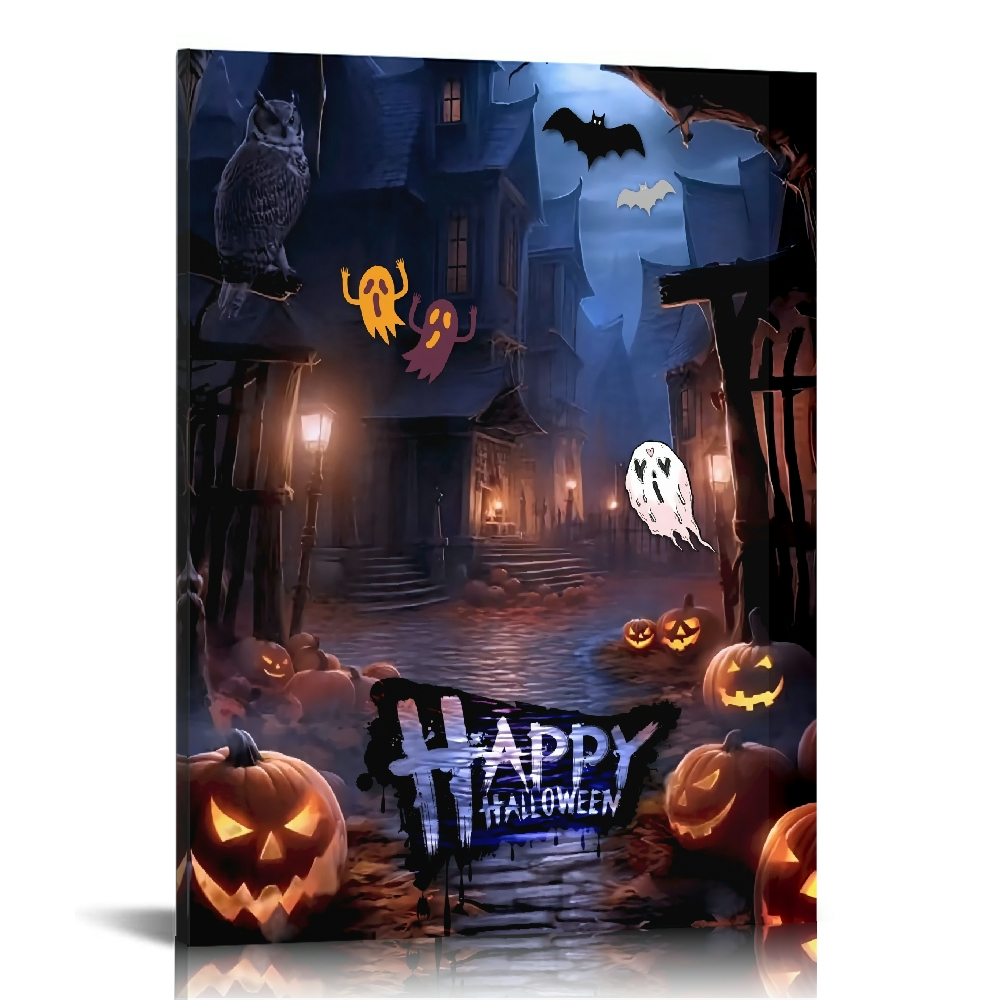 Vintage Halloween Pumpkin Lantern Bat Ghost Canvas Wall Art Painting ...