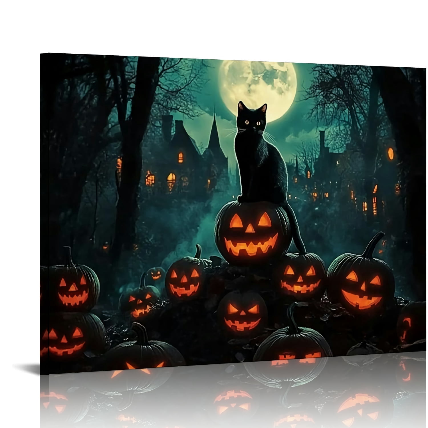 Vintage Halloween Pumpkin Lantern and Black Cat Canvas Wall Art ...