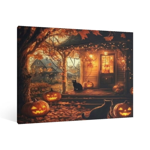 Vintage Halloween Pumpkin Lantern and Black Cat Canvas Wall Art ...
