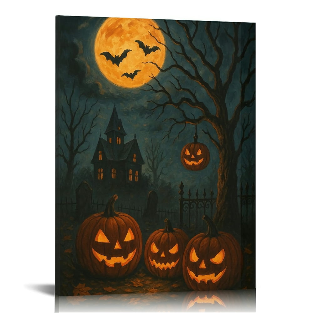 Vintage Halloween Pumpkin Lantern and Castle Canvas Wall Art Painting ...