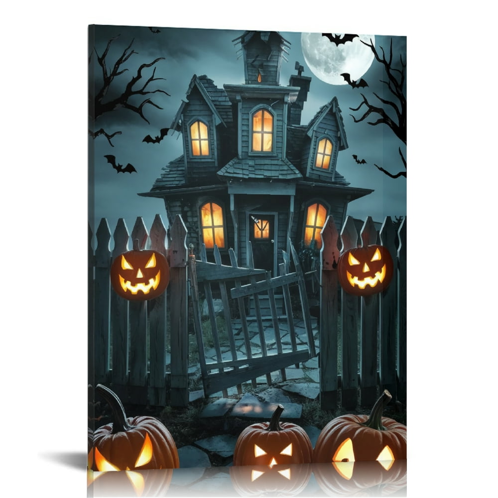 Vintage Halloween Pumpkin Lantern Ghost House Canvas Wall Art Painting ...