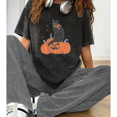 thumbnail image 1 of Vintage Halloween Pumpkin Print T-shirts Cute Black Cat Lovers Graphic Tees Short Sleeve Casual Tops for Daily Outfits Acid Washed Shirts Black,M, 1 of 5