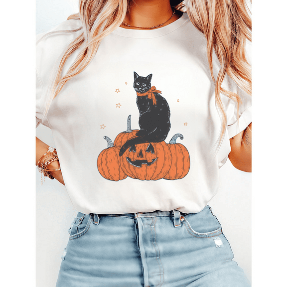 Vintage Halloween Pumpkin Print T-shirts Cute Black Cat Lovers Graphic Tees Short Sleeve Casual Tops for Daily Outfits Cotton Shirts White,XL