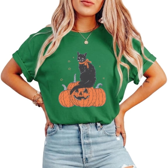 Vintage Halloween Pumpkin Print T-shirts Cute Black Cat Lovers Graphic Tees Short Sleeve Casual Tops for Daily Outfits Cotton Shirts