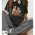 thumbnail image 1 of Vintage Halloween Pumpkin Print T-shirts Cute Cat Lovers Graphic Tees Short Sleeve Casual Acid Washed Tops for Daily Outfits Cotton Shirts Black,L, 1 of 5