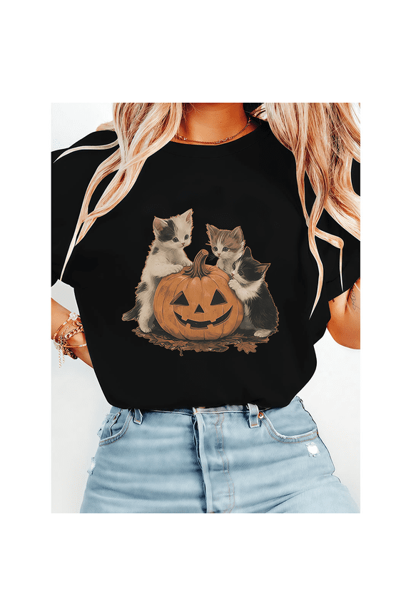 Vintage Halloween Pumpkin Print T-shirts Cute Cat Lovers Graphic Tees Short Sleeve Casual Tops for Daily Outfits Cotton Shirts Black,L