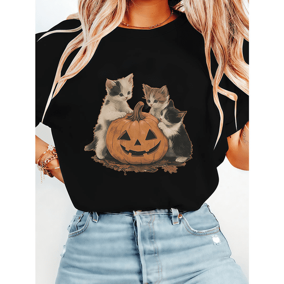Vintage Halloween Pumpkin Print T-shirts Cute Cat Lovers Graphic Tees Short Sleeve Casual Tops for Daily Outfits Cotton Shirts Black,S