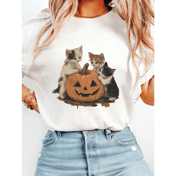 Vintage Halloween Pumpkin Print T-shirts Cute Cat Lovers Graphic Tees Short Sleeve Casual Tops for Daily Outfits Cotton Shirts White,L