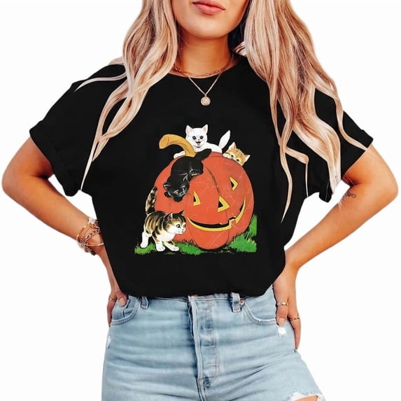 Vintage Halloween Pumpkin Print Tops Cute Cat Lovers T-shirts Short Sleeve Casual Graphic Tees for Daily Outfits Cotton Shirts Black,L