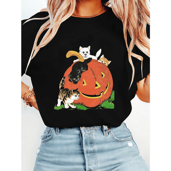 Vintage Halloween Pumpkin Print Tops Cute Cat Lovers T-shirts Short Sleeve Casual Graphic Tees for Daily Outfits Cotton Shirts Black,L