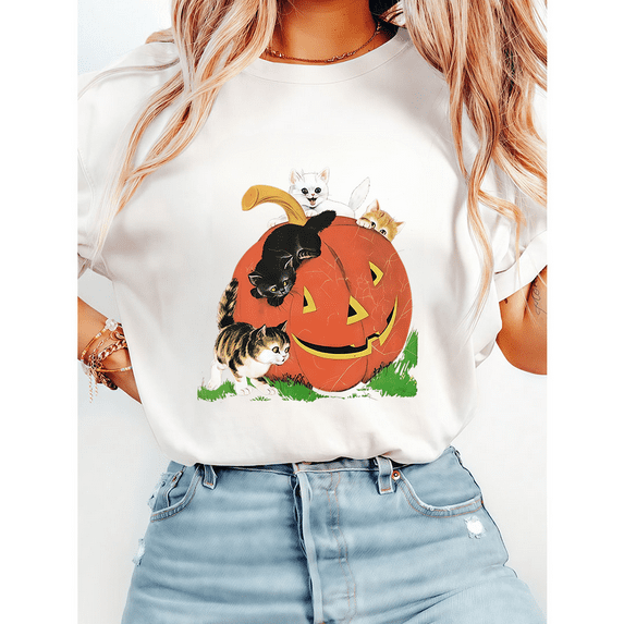 Vintage Halloween Pumpkin Print Tops Cute Cat Lovers T-shirts Short Sleeve Casual Graphic Tees for Daily Outfits Cotton Shirts White,4XL