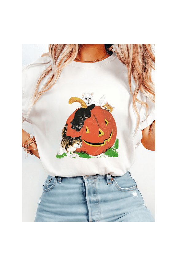 Vintage Halloween Pumpkin Print Tops Cute Cat Lovers T-shirts Short Sleeve Casual Graphic Tees for Daily Outfits Cotton Shirts White,S