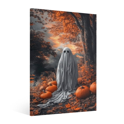 Vintage Halloween Pumpkin and ghost Canvas Wall Art Painting ，Gothic Print Pictures for Home Wall Decor Retro Horror Creepy Dark Posters for Living Room Bedroom Bar Home Halloween Party Decor Framed