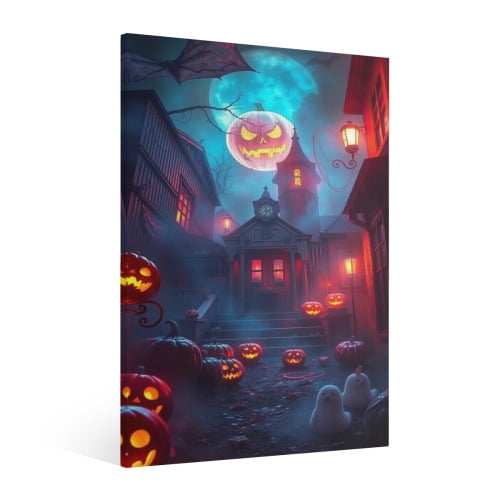 Vintage Halloween Pumpkin and haunted house Canvas Wall Art Painting, Horror Creepy Dark Poster,Gothic Artwork Picture Print Decor, Spooky Ghost Wall Decor for Bar Living Room Bedroom Party Framed