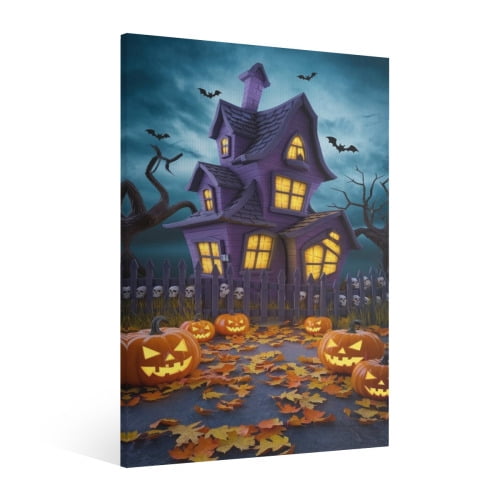 Vintage Halloween Pumpkin lantern, castle, bat Canvas Wall Art Painting,Horror Creepy Dark Poster,Gothic Artwork Picture Print Decor, Spooky Ghost Wall Decor for Bar Living Room Bedroom Party Framed
