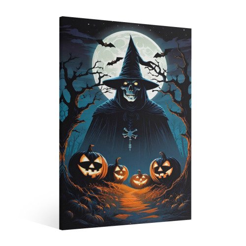 Vintage Halloween Pumpkin lantern, skeleton man Canvas Wall Art Painting,Horror Creepy Dark Poster,Gothic Artwork Picture Print Decor, Spooky Ghost Wall Decor for Bar Living Room Bedroom Party Framed