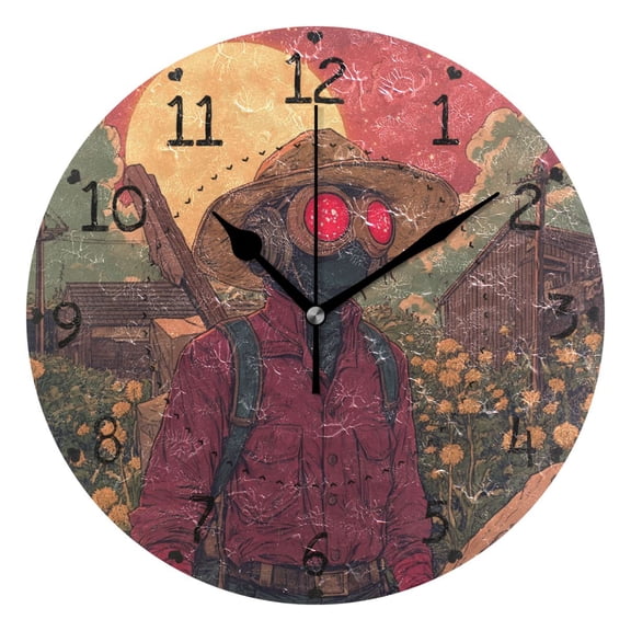 Vintage Halloween Scarecrow Round Wall Clock Silent Battery Operated Home Decor for Living Room Bedroom