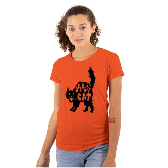 Vintage Halloween Scaredy Cat Cute Womens Slim Fit Graphic Tee Brisco Brands S