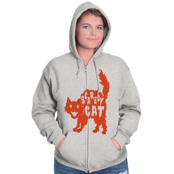 Vintage Halloween Scaredy Cat Cute Zip Hoodie Sweatshirt Women Brisco Brands S