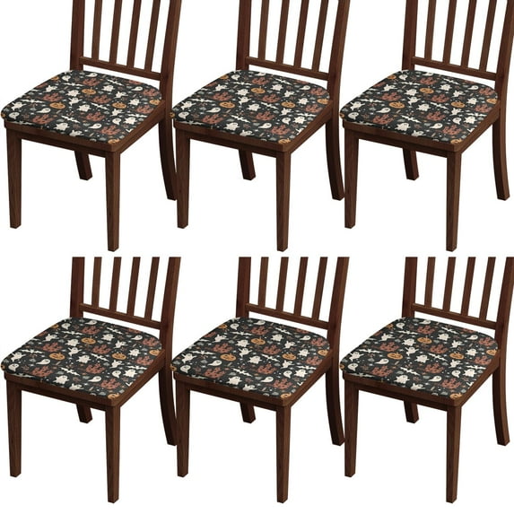Vintage Halloween Scene Seat Covers for Dining Room Chairs Set Of 6,Stretch Printed Washable Chair Seat Cover with Elastic Ties and Button,Removable Waterproof Couch Cushion Covers