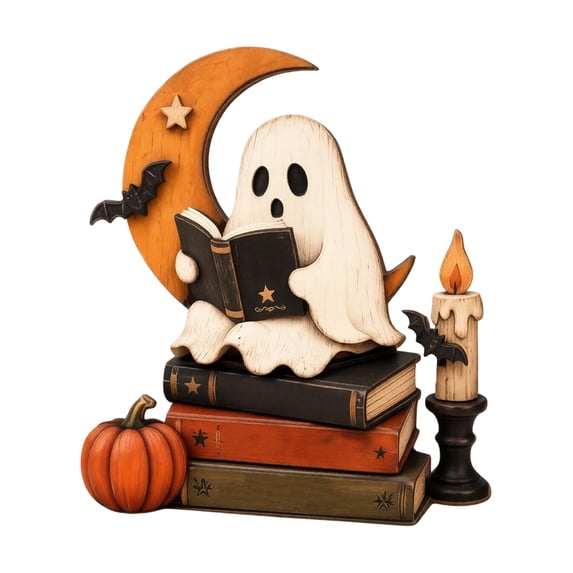 Vintage Halloween Shelf Decor, 2D Wooden Ghost Figurine with Large Bow Reading Book on Stacked Retro Books, Decorative Statue for Indoor Table Display (15x13cm)