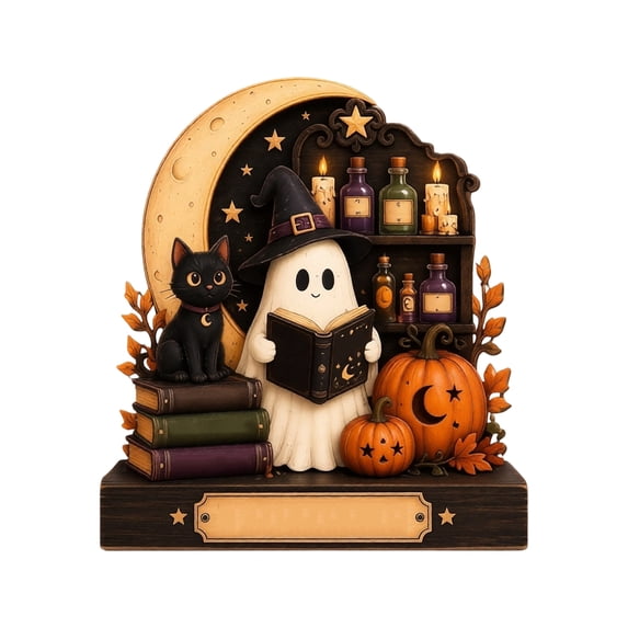 Vintage Halloween Shelf Decor, 2D Wooden Ghost with Witch Hat Reading Book with Black Cat and Bottle Shelf, Decorative Statue for Indoor Table Display (15x13cm)