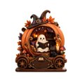 thumbnail image 1 of Vintage Halloween Shelf Decor, 2D Wooden Pumpkin Carriage with Ghost Reading Book, Witch Hat and Cat Details, Decorative Statue for Indoor Table Display (15x13cm), 1 of 3