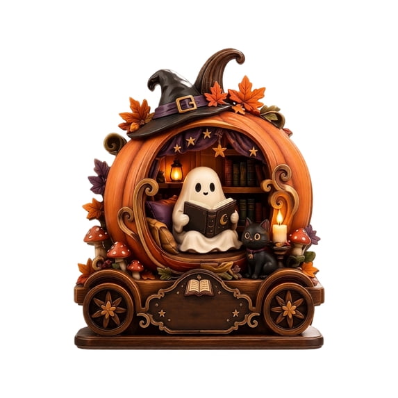 Vintage Halloween Shelf Decor, 2D Wooden Pumpkin Carriage with Ghost Reading Book, Witch Hat and Cat Details, Decorative Statue for Indoor Table Display (15x13cm)