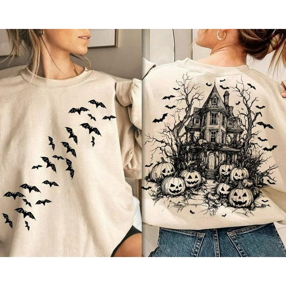 Vintage Halloween Shirt, Halloween Scene Sweatshirt, Halloween Bats Shirt,Season Shirt, Retro Halloween Shirt, Halloween Pumpkin Shirt