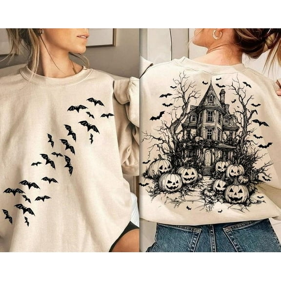 Vintage Halloween Shirt, Halloween Scene Sweatshirt, Halloween Bats Shirt,Season Shirt, Retro Halloween Shirt, Halloween Pumpkin Shirt
