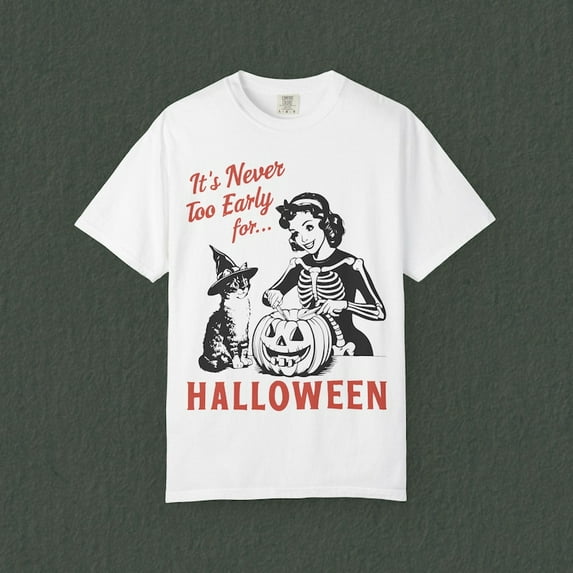 Vintage Halloween Shirt, It’s Never Too Early for Halloween Tee, Black Cat Shirt, Retro Halloween Shirt, Summerween T-Shirt for Fans