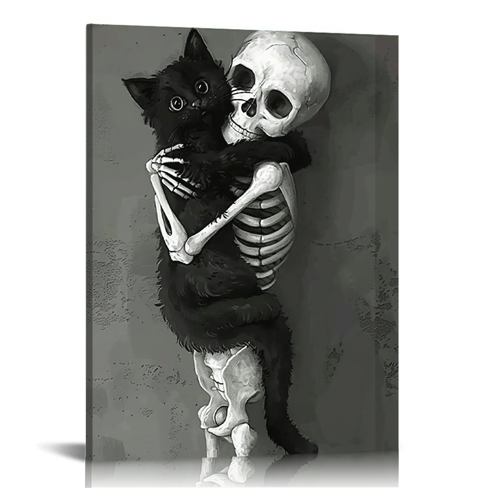 Vintage Halloween Skeleton, Black Cat Canvas Wall Art Painting，Gothic ...