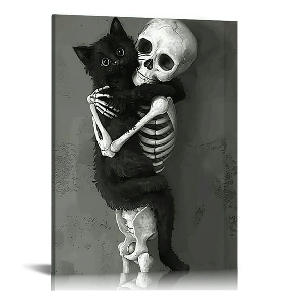 Vintage Halloween Skeleton, Black Cat Canvas Wall Art Painting，Gothic Print Pictures for Home Wall Decor Horror Creepy Dark Posters for Living Room Bedroom Bar Home Halloween Party Decor Framed
