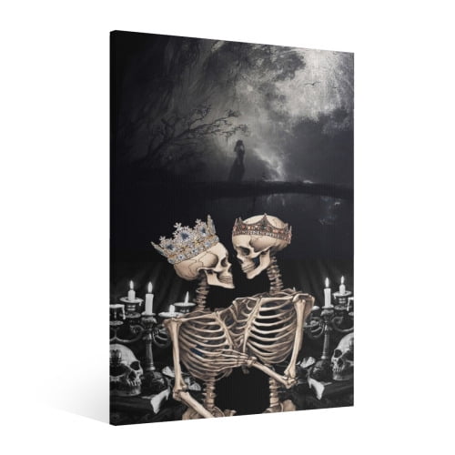 Vintage Halloween Skeleton Canvas Wall Art Painting ,Gothic Print Pictures for Home Wall Decor Retro Horror Creepy Dark Posters for Living Room Bedroom Bar Home Halloween Party Decor Framed