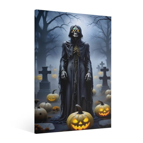 Vintage Halloween Skeleton Man Canvas Wall Art Painting, Retro Horror Creepy Dark Poster, Gothic Artwork Picture Print Decor, Spooky Ghost Wall Decor for Bar Living Room Bedroom Party Framed ﻿