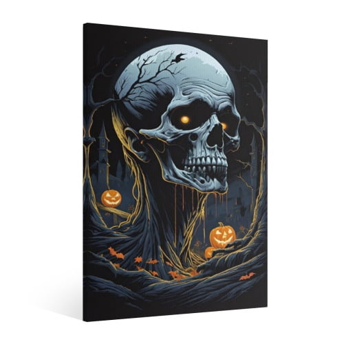 Vintage Halloween Skeleton, pumpkin Canvas Wall Art Painting, Retro Horror Creepy Dark Poster, Gothic Artwork Picture Print Decor, Spooky Ghost Wall Decor for Bar Living Room Bedroom Party Framed