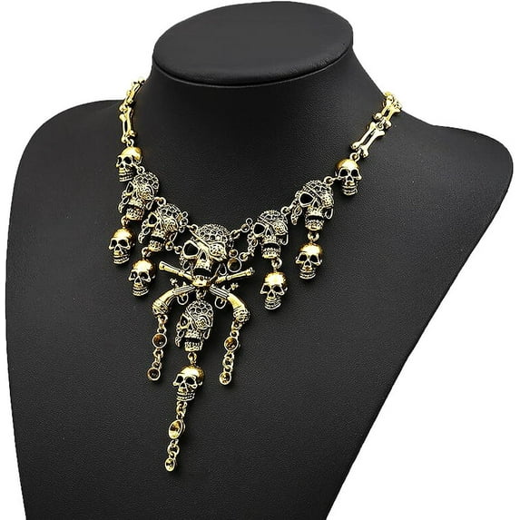 Vintage Halloween Skull Necklace Punk Gothic Chic Women Pirate Bones Pendant Steampunk Cosplay Fancy Dress Halloween Costume Party Accessory Props